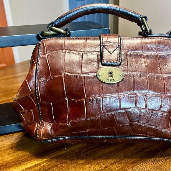Vintage Fossil VRV Brown Leather Croc Embossed Handbag Crossbody Purse - Picture 4 of 10